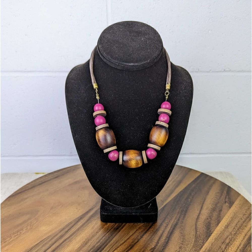 Beautiful Wooden Statement Necklace Pink and Brown Wooden Beads